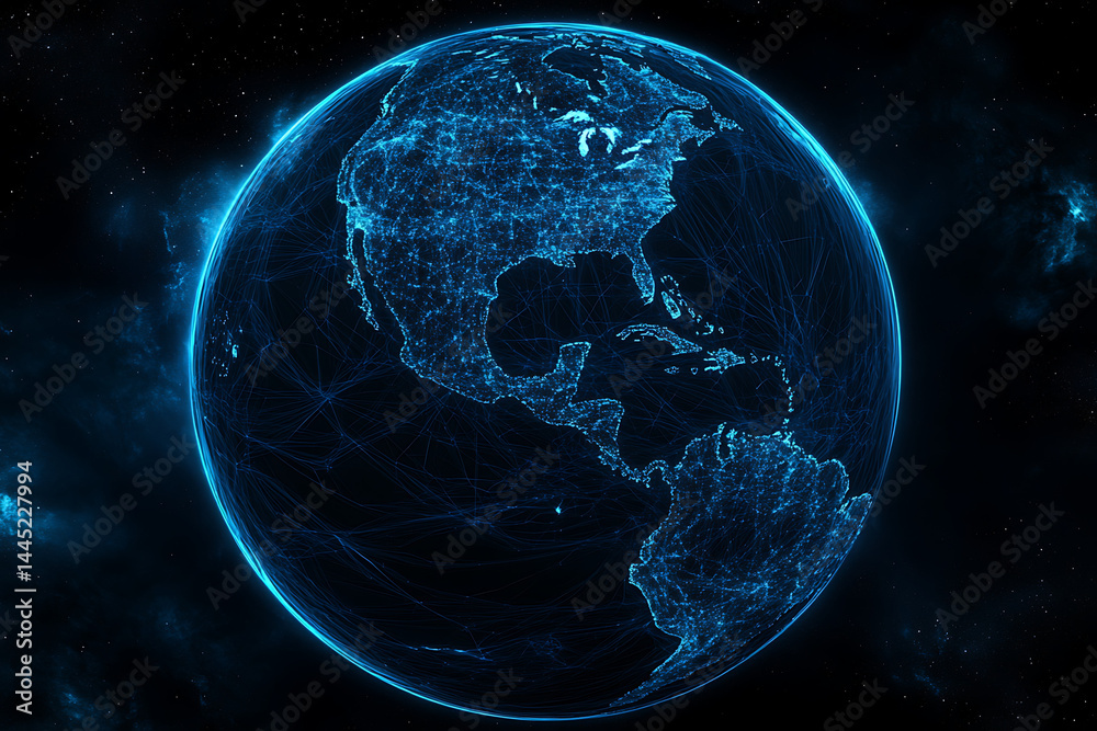 Sticker planet earth in space , binary code technology , glowing sphere on black background