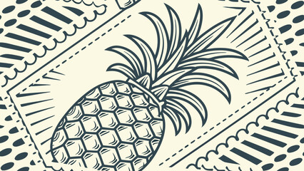 Vintage pineapple illustration in engraved style. Elegant tropical fruit sketch framed by ornate lines and decorative textures, perfect for retro packaging, botanical prints, or exotic food branding.
