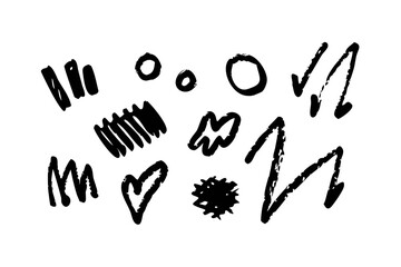 Vector set of rough black doodles and sketchy hand-drawn symbols. Includes circles, zigzags, lines, and expressive marks made to look like charcoal or dry ink strokes. Ideal for creative design projec