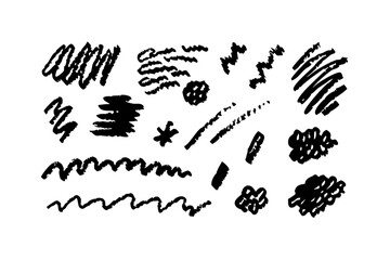 Hand-drawn pencil scribble vector set. A collection of black messy sketch doodles, zigzag lines, scrawls, and abstract textured marks. Perfect for use as design elements, backgrounds, grunge effects, 
