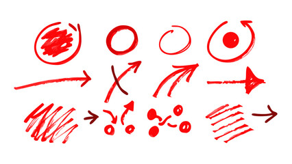 A dynamic collection of red hand-drawn sketch elements including arrows, circles, scribbles, crosses, and flowchart-style icons. Perfect for presentations, UX wireframes, infographics, or creative ann