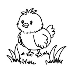 Cute cartoon chick standing on the grass. Black and white vector illustration for children’s coloring book. Simple farm animal line art for kids to color.

