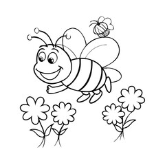 Happy cartoon bees flying over flowers. Black and white vector illustration for children&rsquo;s coloring book. Cute insects and floral elements outlined for kids to color.


