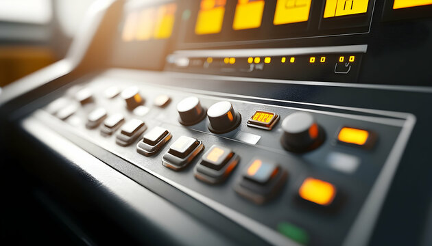 Electronic control panel with buttons and knobs featuring digital displays