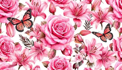 Seamless floral print with pink roses, lilies and butterflies on white background. Printable pattern, ai generation