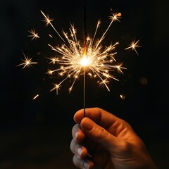Close Up of Burning Sparkler in Hand Celebrates New Year with Festive Lights Sparkling in High Detail Photography