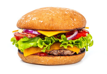 beau burger avec buns au pain complet, steak grillé, double fromage, tomates, oignon et salade - photographie studio sur fond blanc