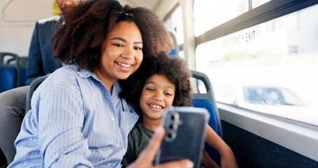 Happy, child and mother with phone on bus for morning commute or social media post. Online message,...