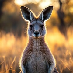 Fototapeta premium A sharp and vibrant closeup of a Kangaroo standing alert in golden Australian outback light 