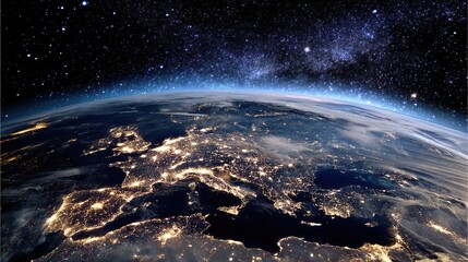 Fototapeta premium Magnificent view of the Earth at night, showing the brilliant lights of European cities, a deep blue sky dotted with bright stars, and below the surface of the earth is the outline of a map of Europe.