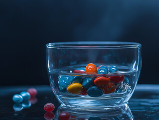 Colorful candy-coated pills in glass bowl on dark surface