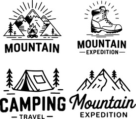 Set of camping, hiking, mountains, outdoor emblems, badges and design elements. Vector illustration