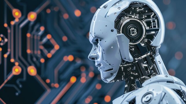 Tech-style interface with crypto dashboards and neural AI processing data