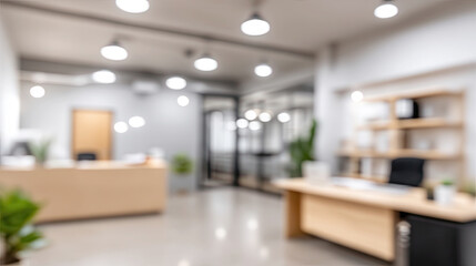 Blurred defocused backdrop of modern office interior with reception desk, workstations, and natural light creating a professional and welcoming atmosphere for business operations