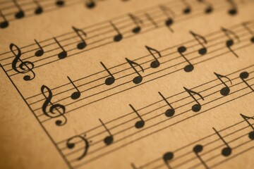 Close Up of Vintage Music Sheet with Black Notes on Aged Paper for Classic Music Study, Design, and Historic Art