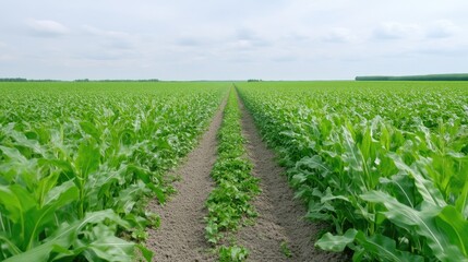 Sugar Beet Field Rows Lush Green Natural Vibrant High-Resolution Wide Angle View Healthy Growth Farmland Background Serene agricultural imagery Ideal for farming publications