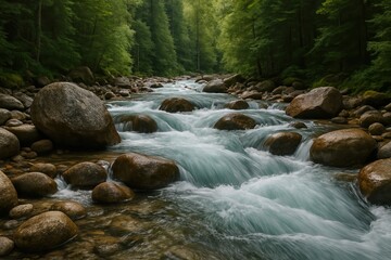 Wild Mountain River Flowing Through Stone Boulders in Deep Forest with Clear Stream Water and Lush Greenery, Nature Landscape in Tranquil Wilderness Exploration