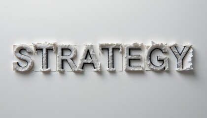 The word strategy spelled out with white paper letters on a white background in a studio shot