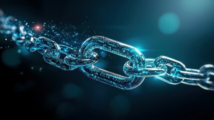 Futuristic digital chain link glowing against a dark background, symbolizing connectivity.