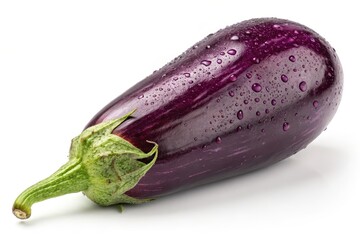 Fresh eggplant with water droplets on a white background.