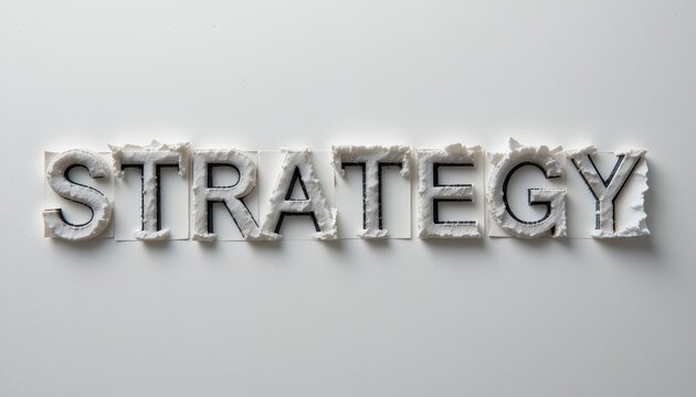 The word strategy spelled out with white paper letters on a white background in a studio shot