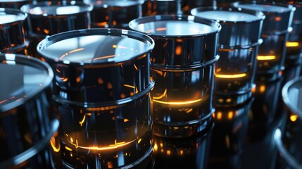 Obraz premium Background with metal futuristic barrel for black oil with glowing light reflections. Chemical storage for petroleum products