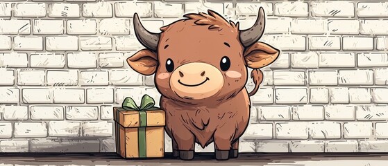 Cute cartoon bull stands by a gift against a brick wall