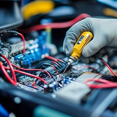 Precise Automotive Electrical Repair Close Up Detail Technician Using Precision Tools car job red   