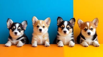 Adorable Corgis and Chihuahuas Posing Together in Studio with Colorful Backdrop
