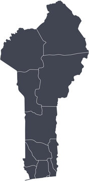 Vector map of Benin showing all regions with clearly defined borders and country outline. Dark color scheme with white contours. Perfect for educational, infographic, and professional use.