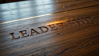 Leadership text engraved on a wooden surface with sparkling particles around the letters
