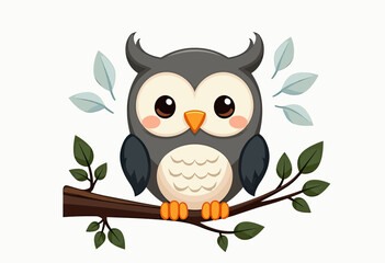 Minimal Yet Detailed Cartoon Owl Logo in Gray Tones, Sitting Cheerfully on an Oak Tree Branch, White Background with High-Resolution Vector Style and Cute Features
