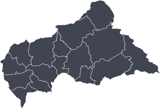 Vector map of the Central African Republic showing all regions with clearly defined borders and country outline. Dark color scheme with white contours. Perfect for educational, infographic, and profes