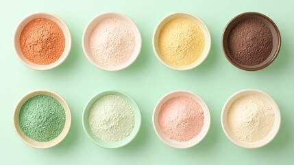 Colorful Powdered Food Ingredients in Bowls on Mint Green Background