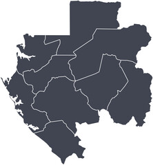 Vector map of Gabon showing all regions with clearly defined borders and country outline. Dark color scheme with white contours. Perfect for educational, infographic, and professional use.