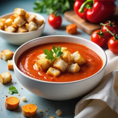 A bowl of creamy tomato soup topped with crunchy croutons and a sprig of parsley, surrounded by fresh vegetables and a second bowl of croutons.