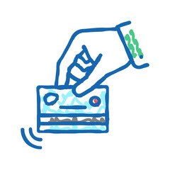 hand holding card with contactless payment chip icon doodle illustration