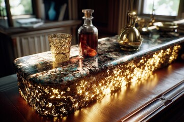 Obraz premium Elegant bar setup with decorative glassware and ambient lighting.