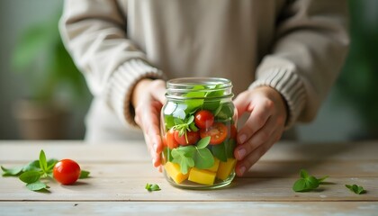cropped view of woman holding glass jar with fresh salad on wooden white table, panoramic shot