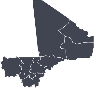 Vector map of Mali showing all regions with clearly defined borders and country outline. Dark color scheme with white contours. Perfect for educational, infographic, and professional use.
