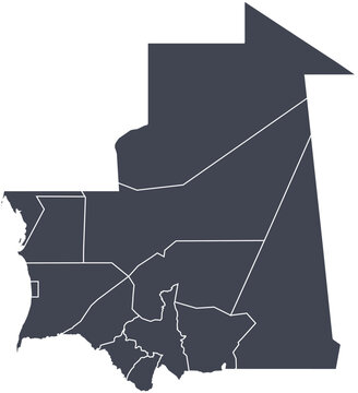Vector map of Mauritania showing all regions with clearly defined borders and country outline.Dark color scheme with white contours. Perfect for educational, infographic, and professional use.