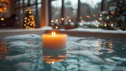 Winter spa candlelit hot tub.