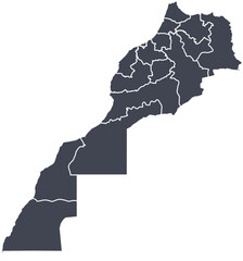 Vector map of Morocco showing all regions with clearly defined borders and country outline. Dark color scheme with white contours. Perfect for educational, infographic, and professional use.