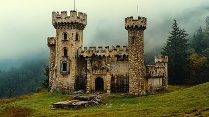 Misty Mountain Castle Ruins Gothic Mystery.