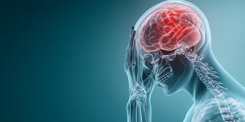 X-ray style image of human head and upper torso, highlighting brain in red, person holding head, suggesting headache or brain pain, medical concept