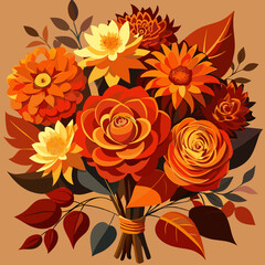 A vibrant bouquet of flowers displayed against a rich brown background.