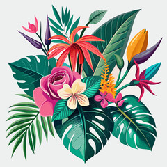 Tropical flowers and green leaves arranged on a white background, showcasing vibrant colors and natural beauty.