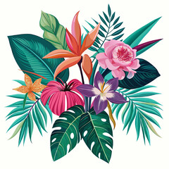 Tropical flowers and green leaves arranged on a white background, showcasing vibrant colors and natural beauty.