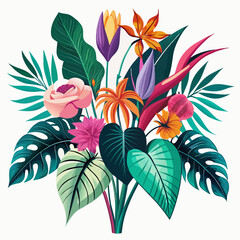 Tropical flowers and green leaves arranged on a white background, showcasing vibrant colors and natural beauty.
