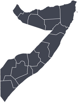 
Vector map of Somalia showing all regions with clearly defined borders and country outline. Dark color scheme with white contours. Perfect for educational, infographic, and professional use.

